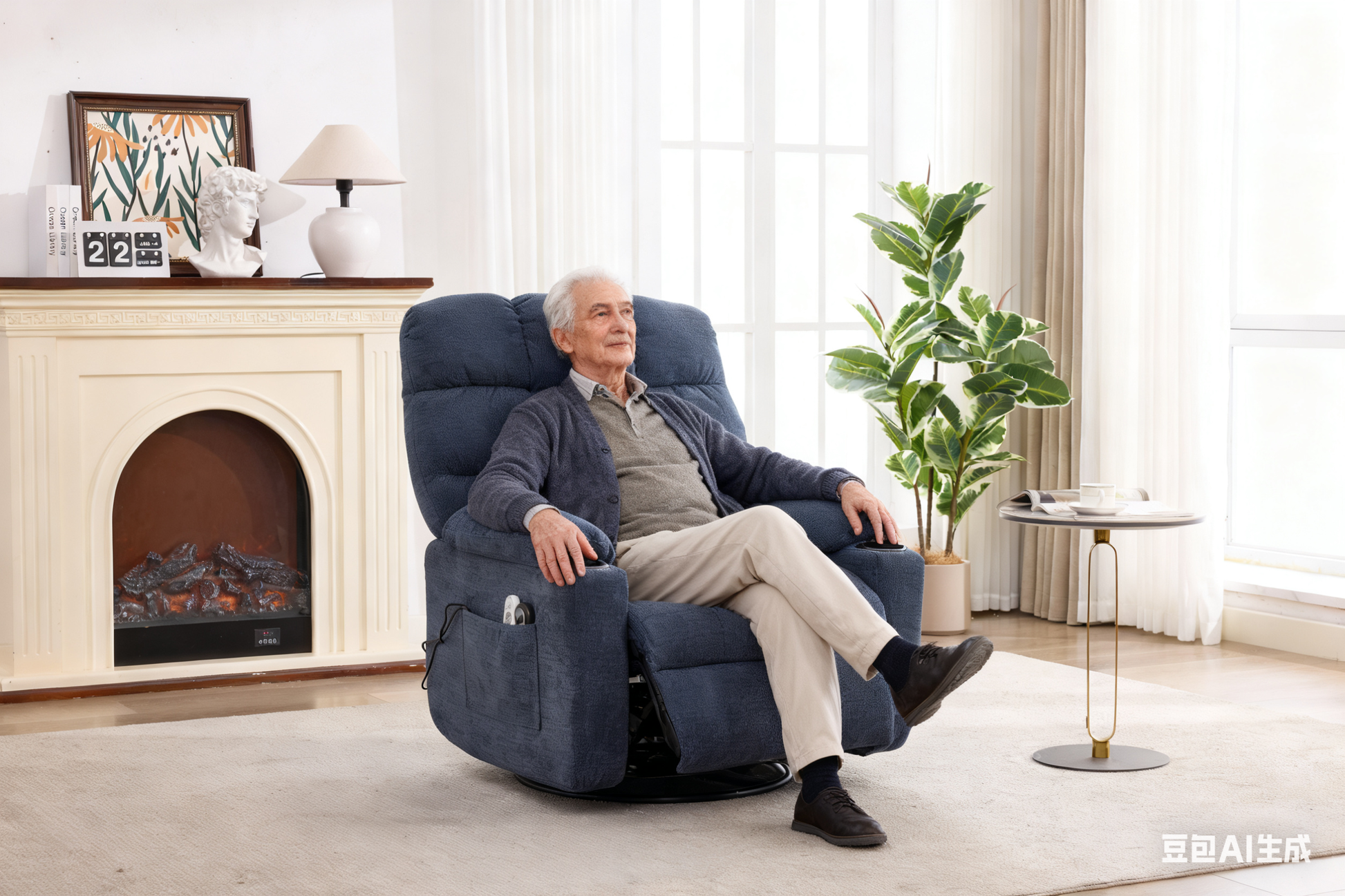 Heat Massage Electric Recliner Chair with Rocker and Swivel in Fabric for Living Room, Blue image 3