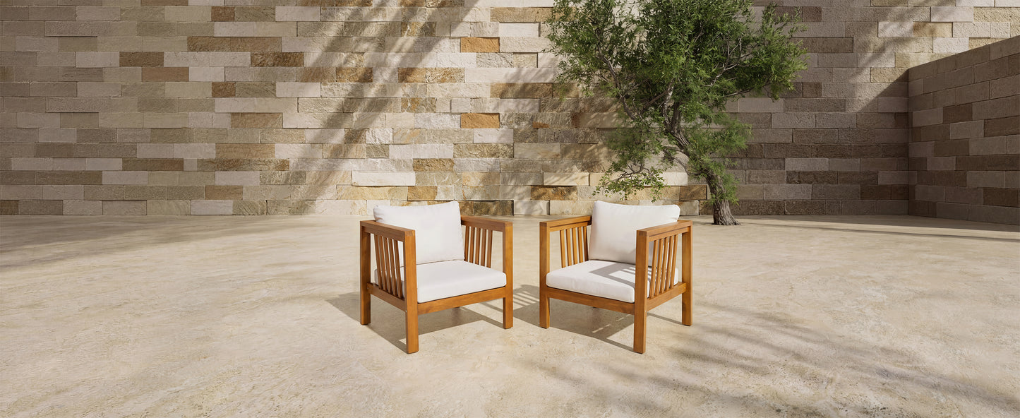 Set of 2 Outdoor Acacia Wood Club Chairs with Modern Square Arms, 2-Piece Patio Conversation Set with Thick Cushions, Adjustable Leveling Feet for Poolside, Backyard & Deck, Beige Cushions image 12