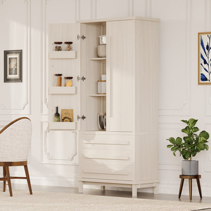 70" Kitchen Pantry Cabinet with 2 Cabinet Shelves,Luxurious Wooden Cupboard with 6 Door Shelves and 3 Drawers for Kitchen, Dining Room,White image 9