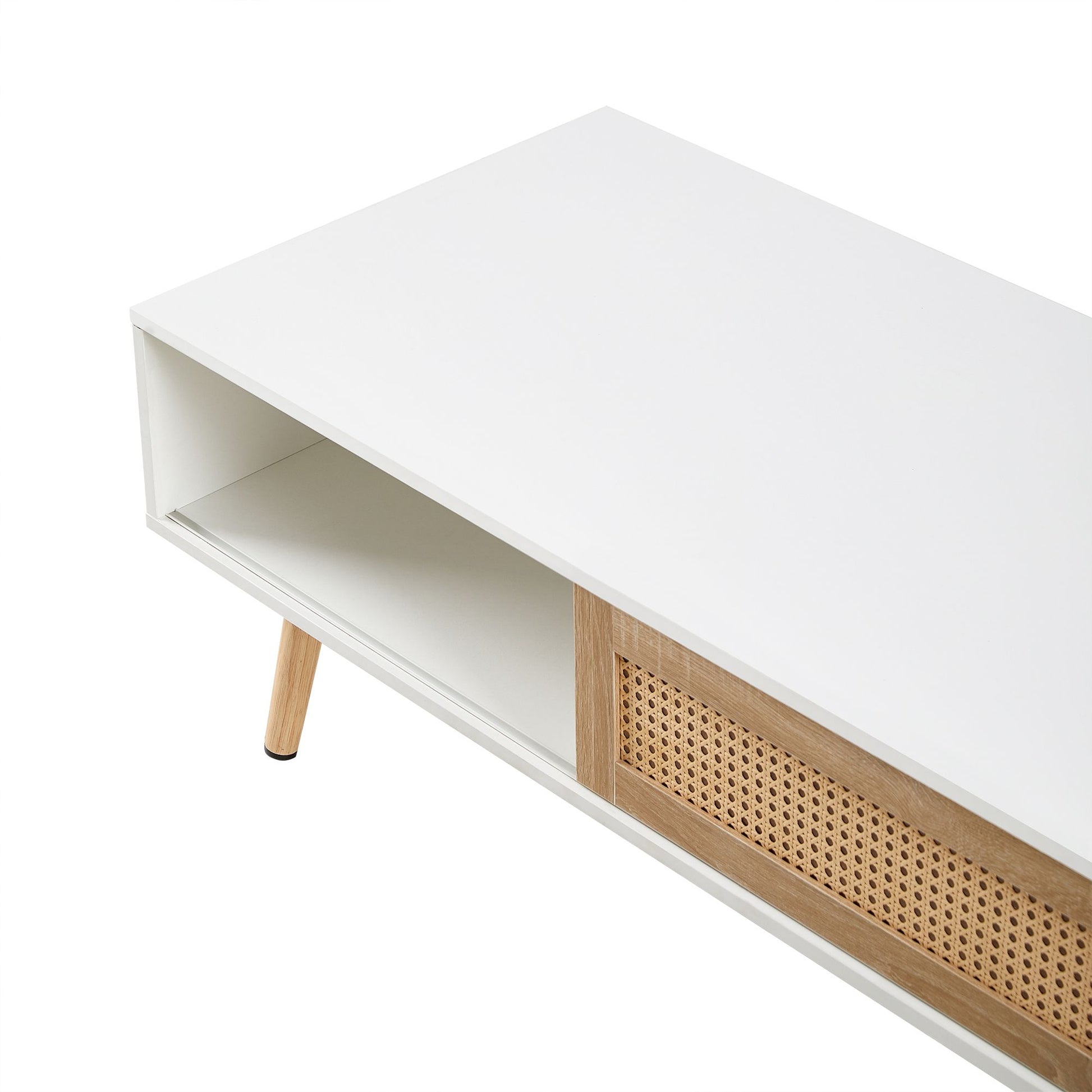 41.34" Rattan Coffee table, sliding door for storage, solid wood legs, Modern table for living room ,White image 15