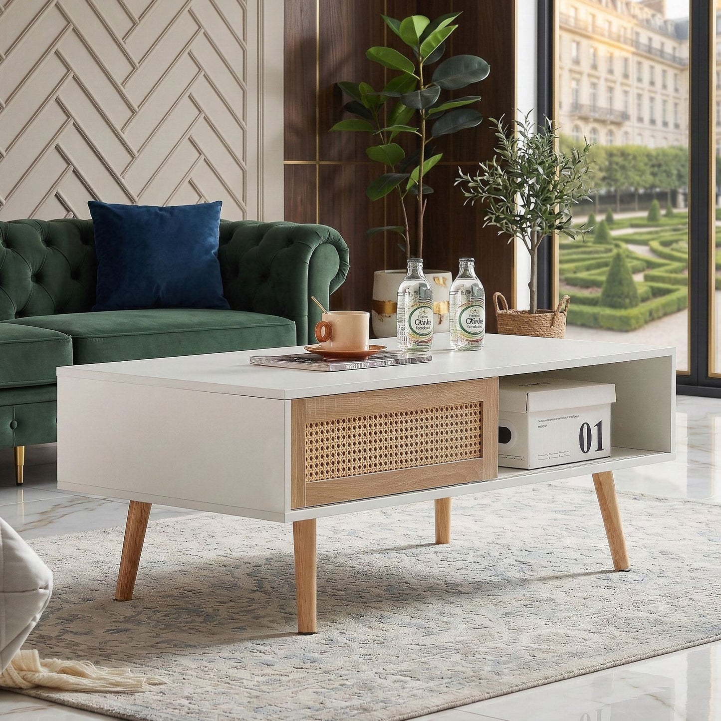 Modern rattan coffee table with storage - close up of rattan weave