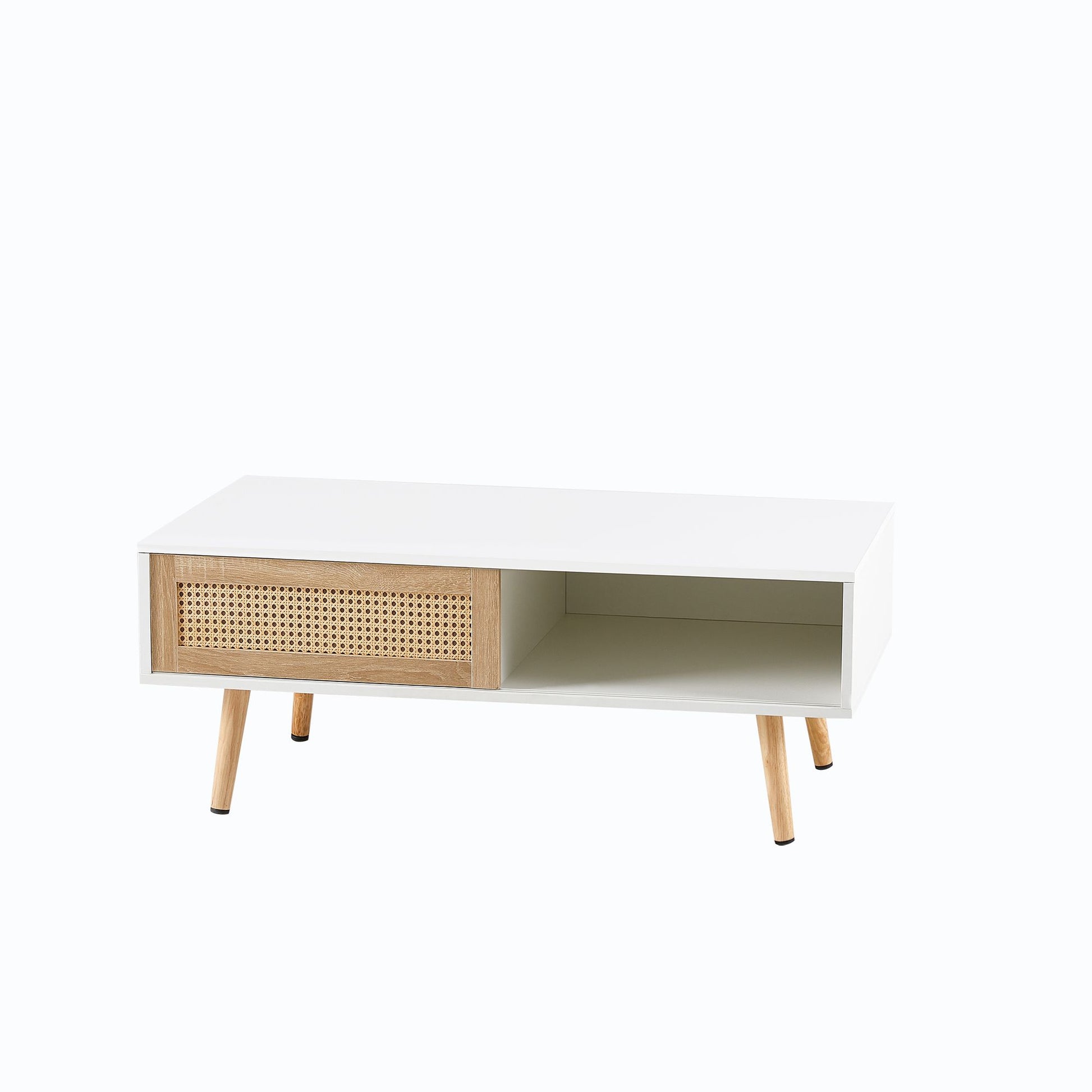 41.34" Rattan Coffee table, sliding door for storage, solid wood legs, Modern table for living room ,White image 16