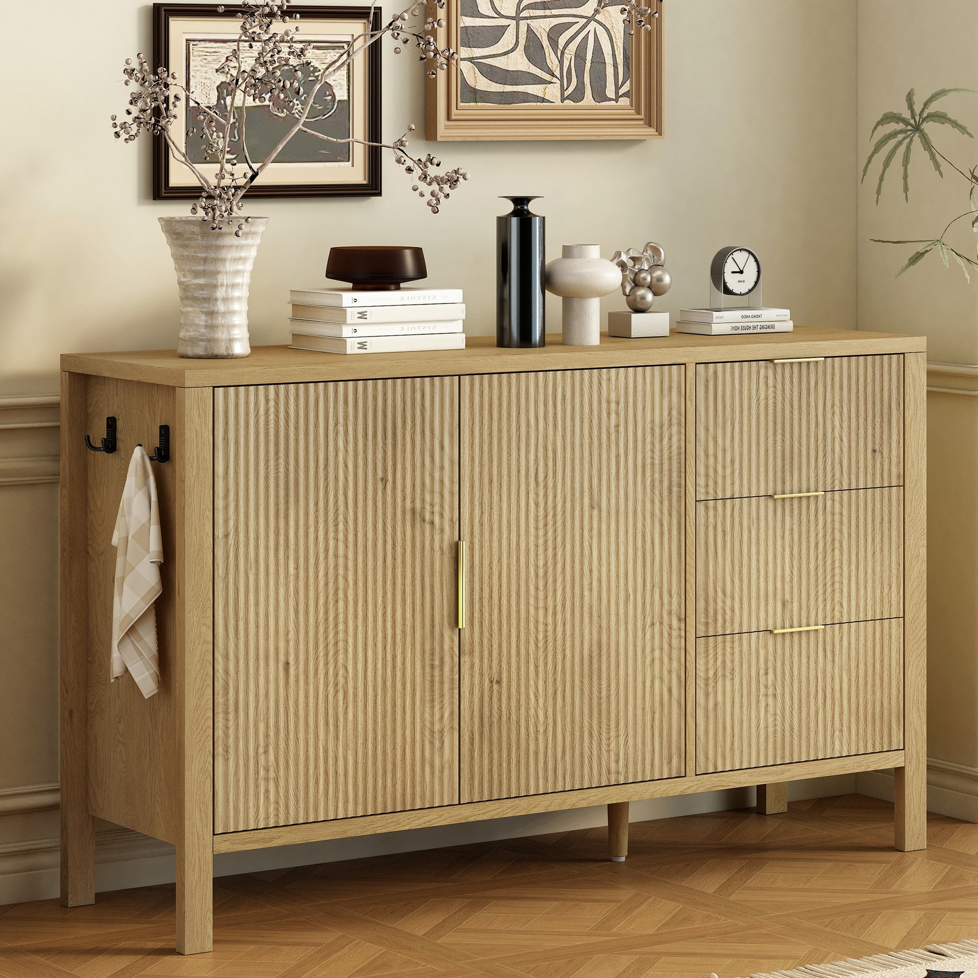 U-Style Modern Wave-Pattern Sideboard with 3 Drawers, Large Storage Buffet Cabinet with Hooks and Extra Center Leg,Suitable for Living Room,Entryway,Hallway. image 3
