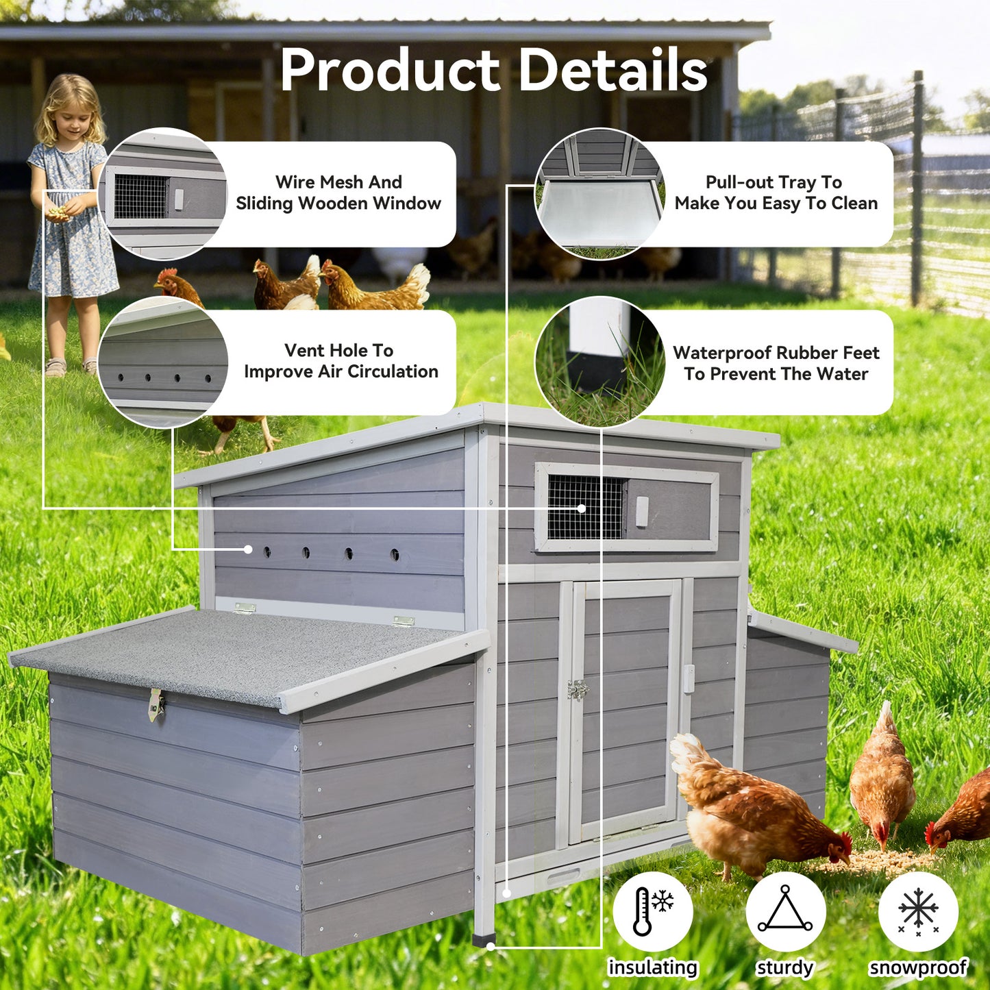 Large Wooden Chicken Coop Outdoor Hen House Poultry Cage for Outdoor with 2 Sides Nesting Boxes image 8