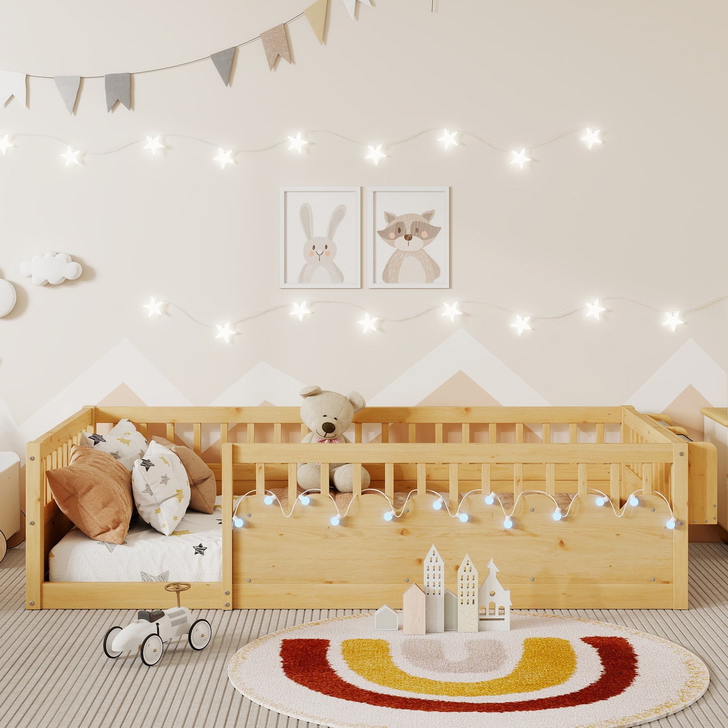 Twin Montessori Floor Bed Frame with High Rails, Wood Kids Floor Beds with Light and Storage Shelf, Natural (Expect Arrival Date 2025/8/15) image 3