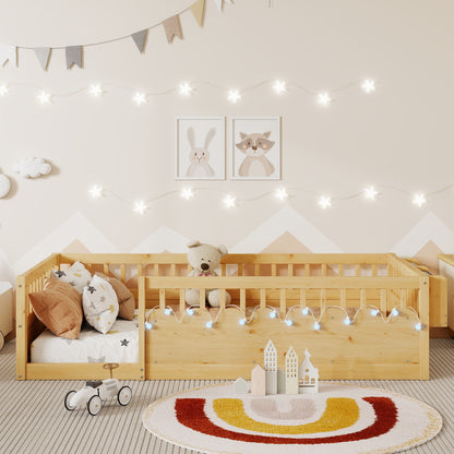 Twin Montessori Floor Bed Frame with High Rails, Wood Kids Floor Beds with Light and Storage Shelf, Natural (Expect Arrival Date 2025/8/15) image 3