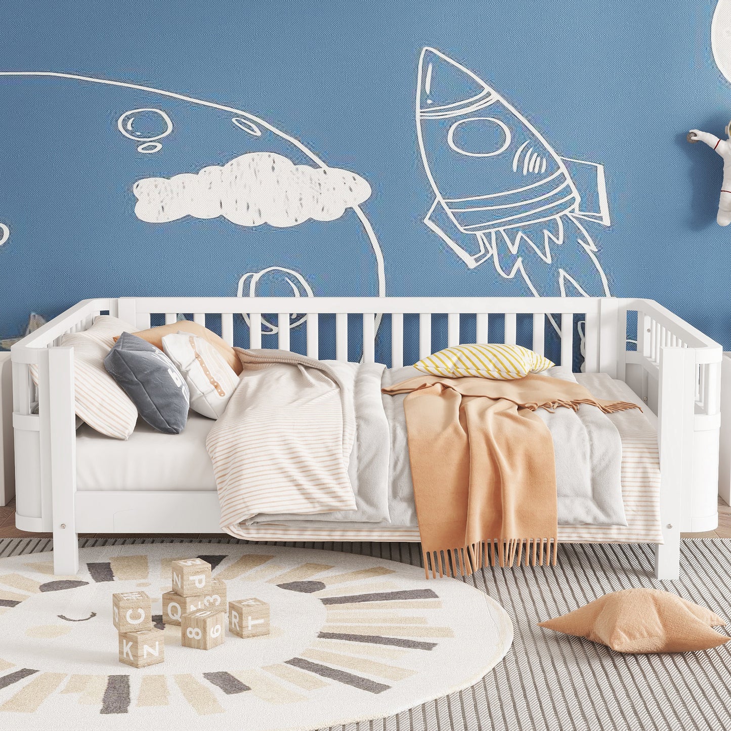 Full Size Wood Platform Bed for Kids, Wood Low Profile Full Bed with Rails for Girls and Boys, White (Patented Design, Old SKU W2593P233767) image 2