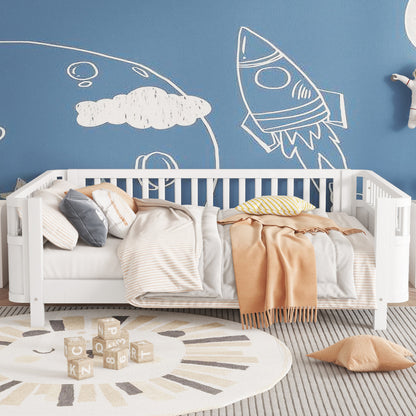 Full Size Wood Platform Bed for Kids, Wood Low Profile Full Bed with Rails for Girls and Boys, White (Patented Design, Old SKU W2593P233767) image 2