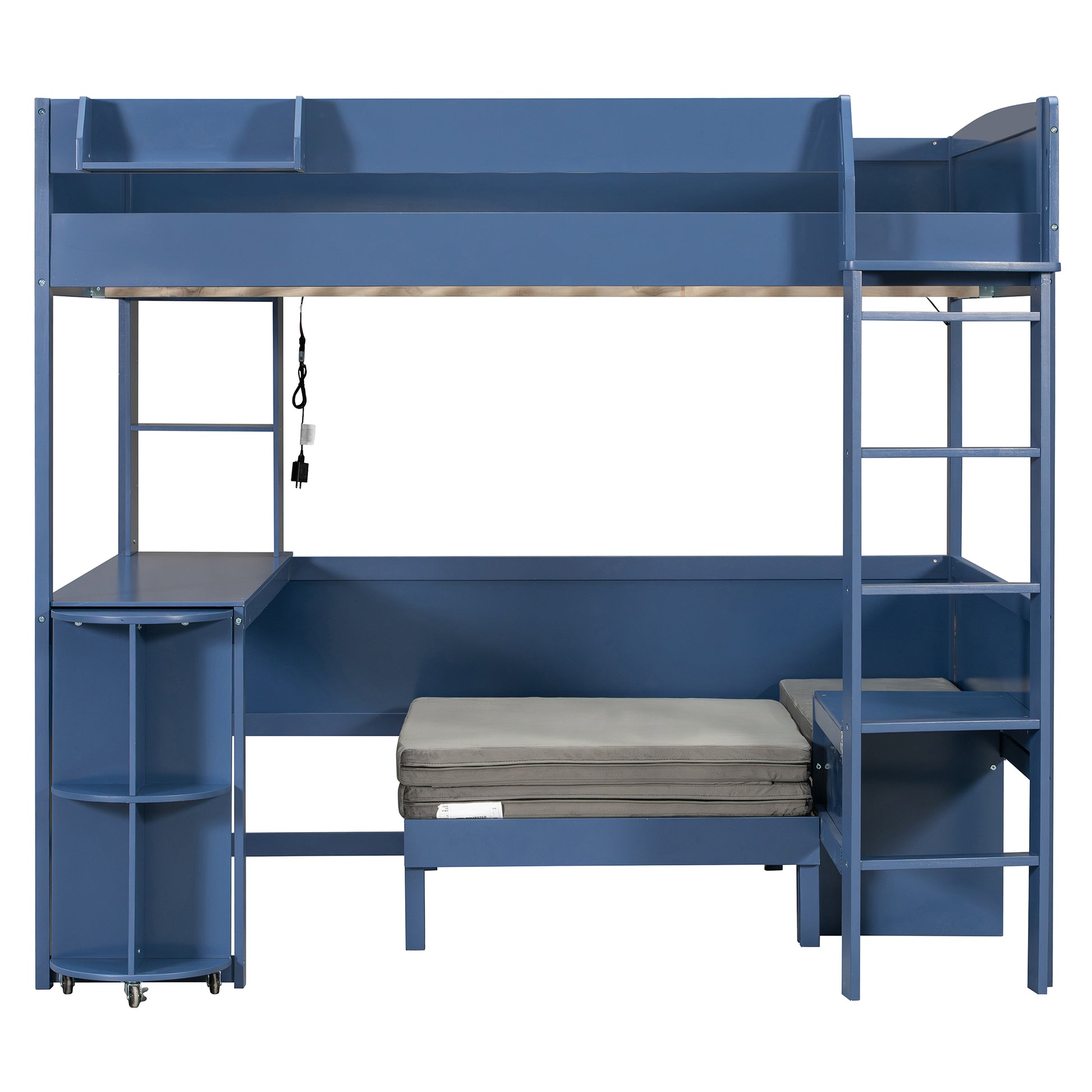 Full Size Wood Loft Bed with Desk, Bedside Storage Shelf, Sofa and Light, Navy Blue image 6
