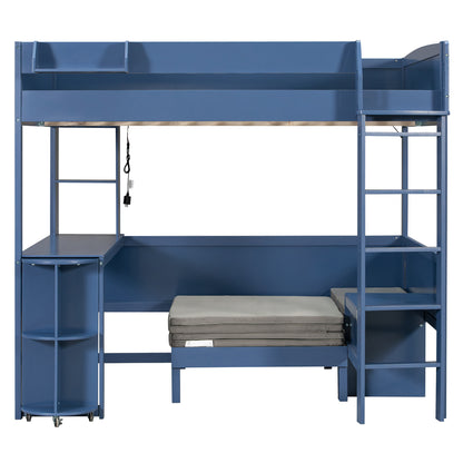 Full Size Wood Loft Bed with Desk, Bedside Storage Shelf, Sofa and Light, Navy Blue image 6