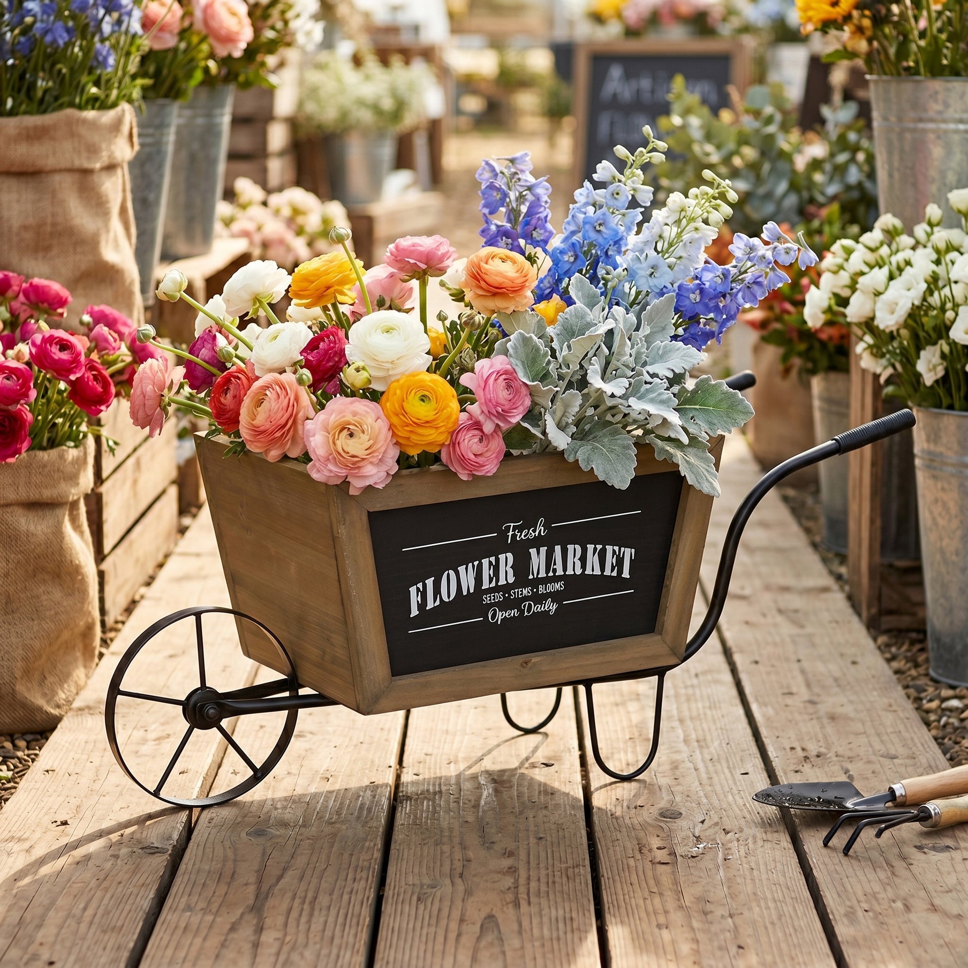 19.5x8x8.3" Brown Wooden Wheelbarrow Planter with Black Iron Frame image 8