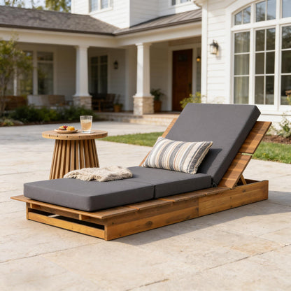 Acacia Wood Chaise Lounge with 4" Thick 3-Fold Dark Gray Movable Cushion – Wide Teak Finish Patio Lounger, 3-Position Recliner, 400 lbs Capacity image 1