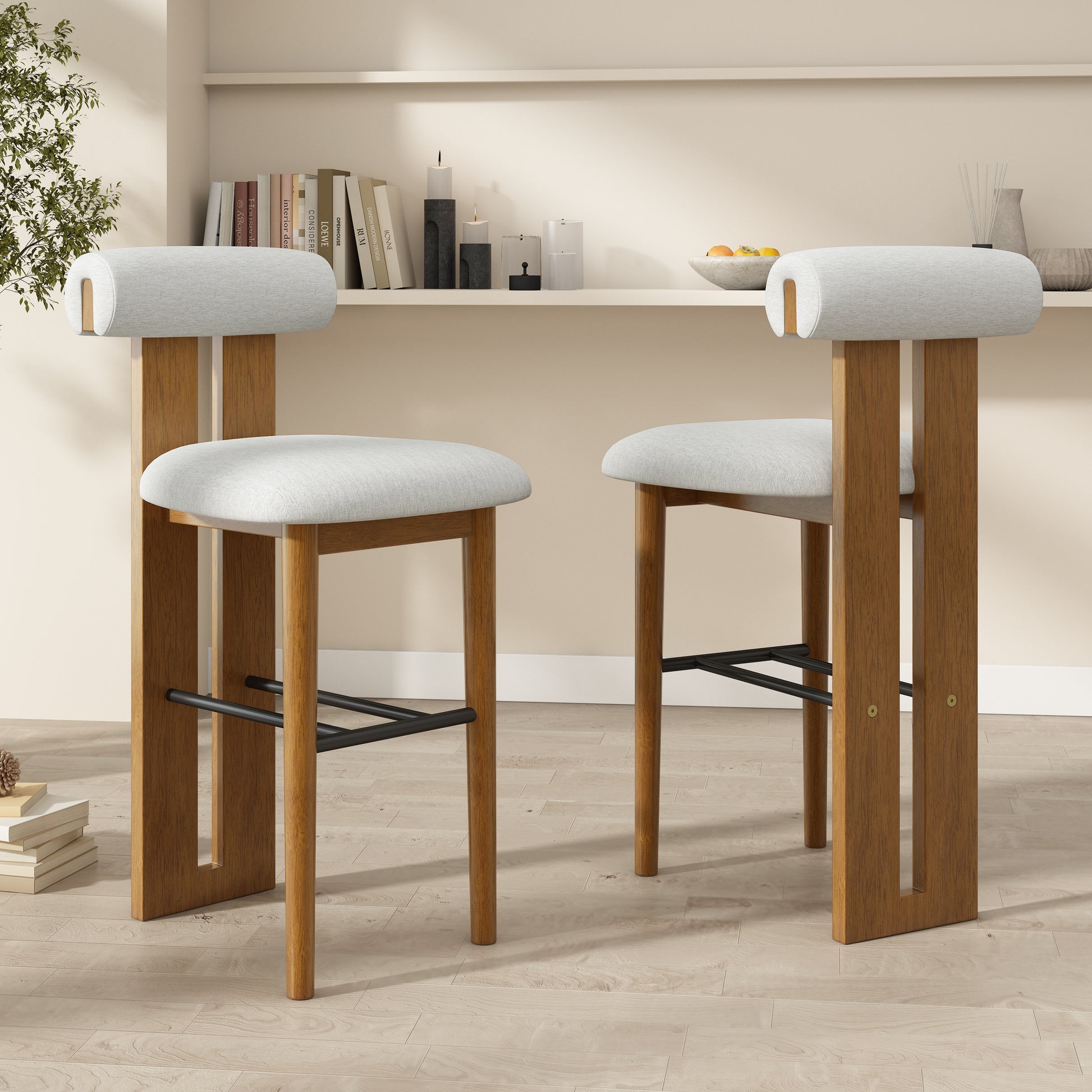 Renee Indoor Wooden Upholstered Barstool, Walnut Finished and Ivory Upholstery, Set of 2 image 1
