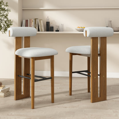 Renee Indoor Wooden Upholstered Barstool, Walnut Finished and Ivory Upholstery, Set of 2 image 1