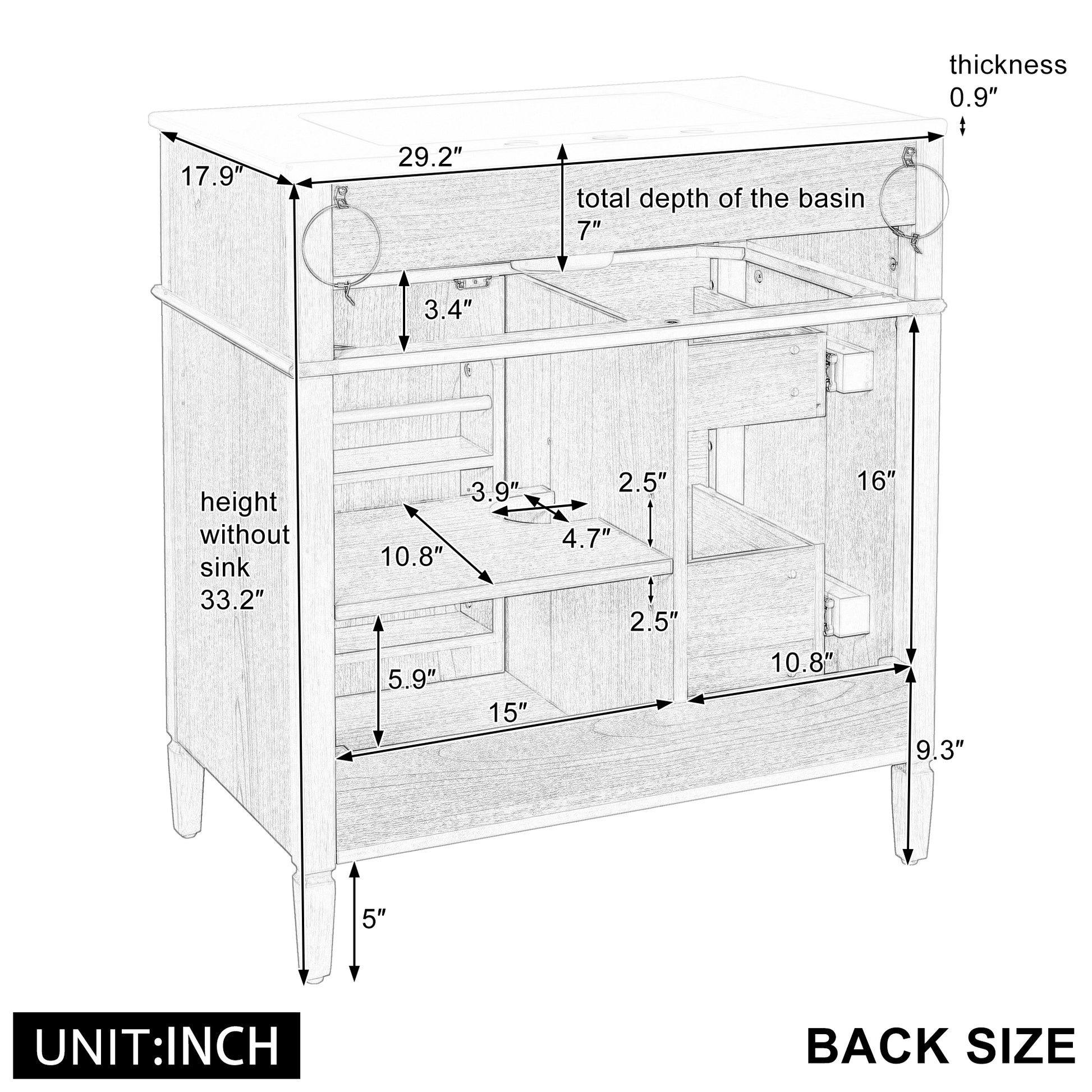 30" Bathroom Vanity with Sink, Wood Vanity Cabinet with Flip-Out Drawer, 2 Soft-Close Drawers, 1 Soft-Close Door, Solid Wood & MDF, Elegant Wood Handles image 10