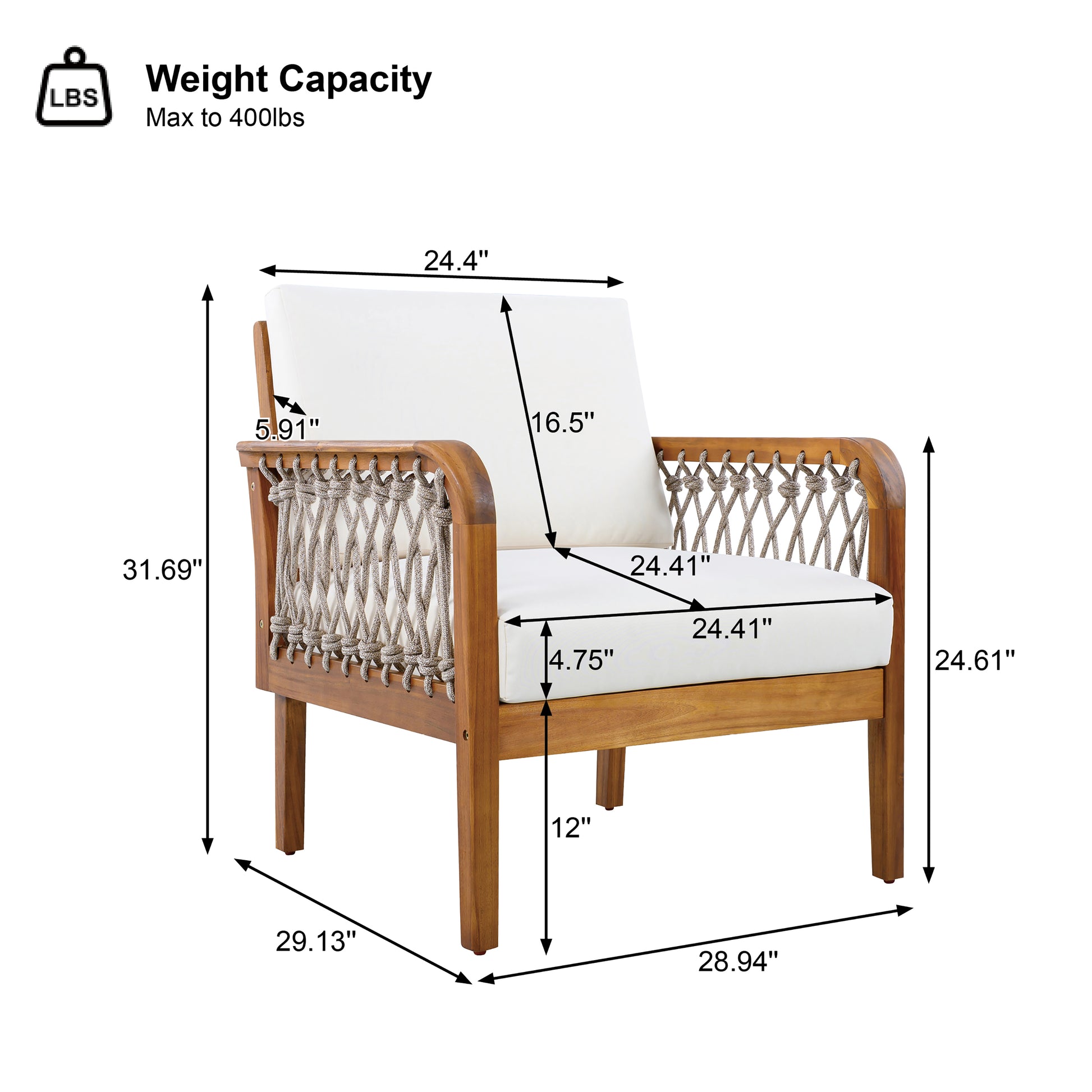 Outdoor Acacia Wood Club Chair with Handwoven Rope(Set of 2), Teak Finish image 3