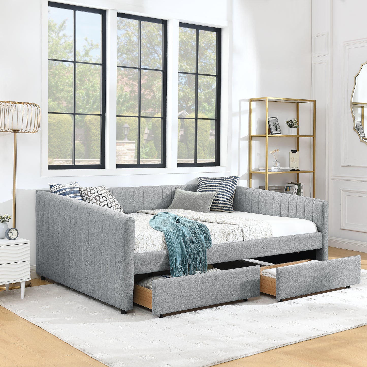 Queen Size Daybed with Two Drawers Trundle Upholstered Sofa Bed, with Vertical Stripes Linen Fabric, Grey (86.5"x65"x30") image 2