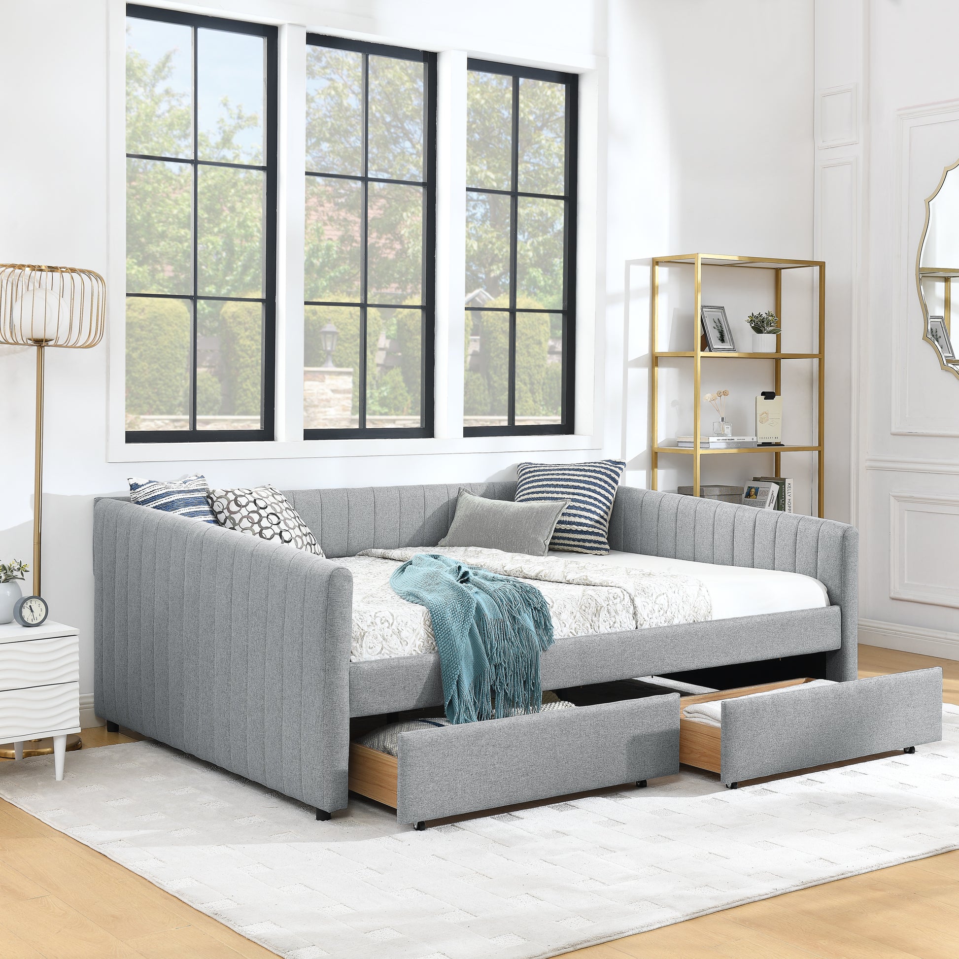 Queen Size Daybed with Two Drawers Trundle Upholstered Sofa Bed, with Vertical Stripes Linen Fabric, Grey (86.5"x65"x30") image 2