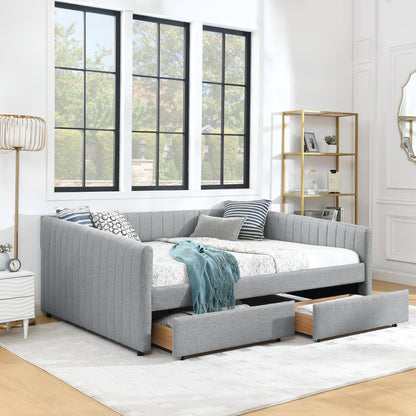 Queen Size Daybed with Two Drawers Trundle Upholstered Sofa Bed, with Vertical Stripes Linen Fabric, Grey (86.5"x65"x30") image 2