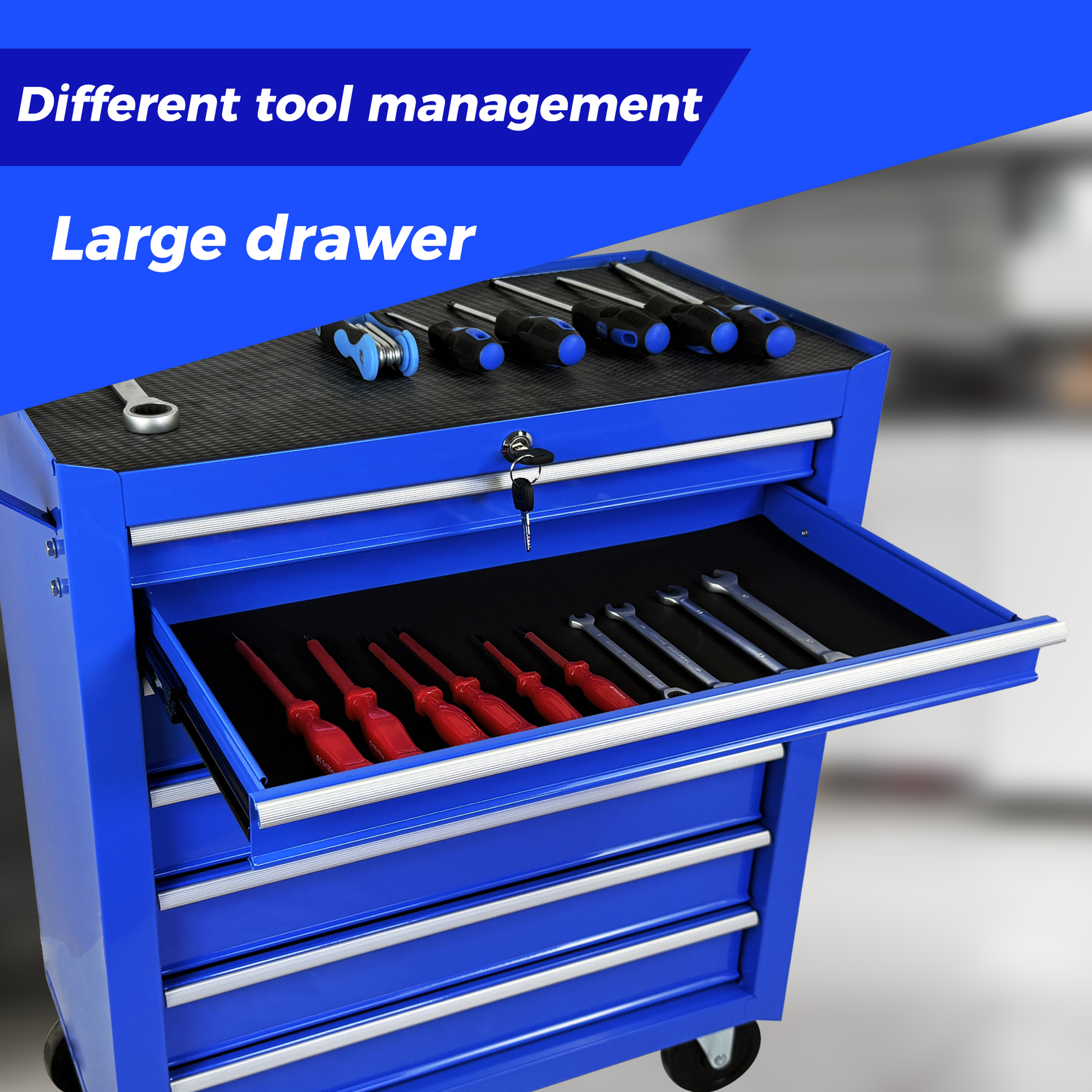 Rolling Tool Chest with 7-Drawer Tool Box with Wheels Multifunctional Tool Cart Mechanic Tool Storage Cabinet for Garage, Warehouse, Workshop, Repair Shop -BLUE image 8