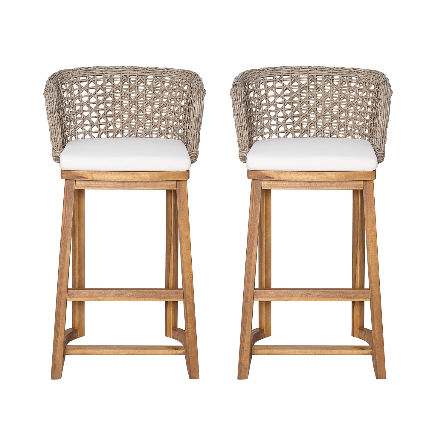 Outdoor Acacia Wood Bar Stools (Set of 2), Teak Finish Bar Height Chairs with Beige Cushion & Light Brown Wicker Back, Counter Height Stools for Patio, Poolside, Kitchen Island image 5