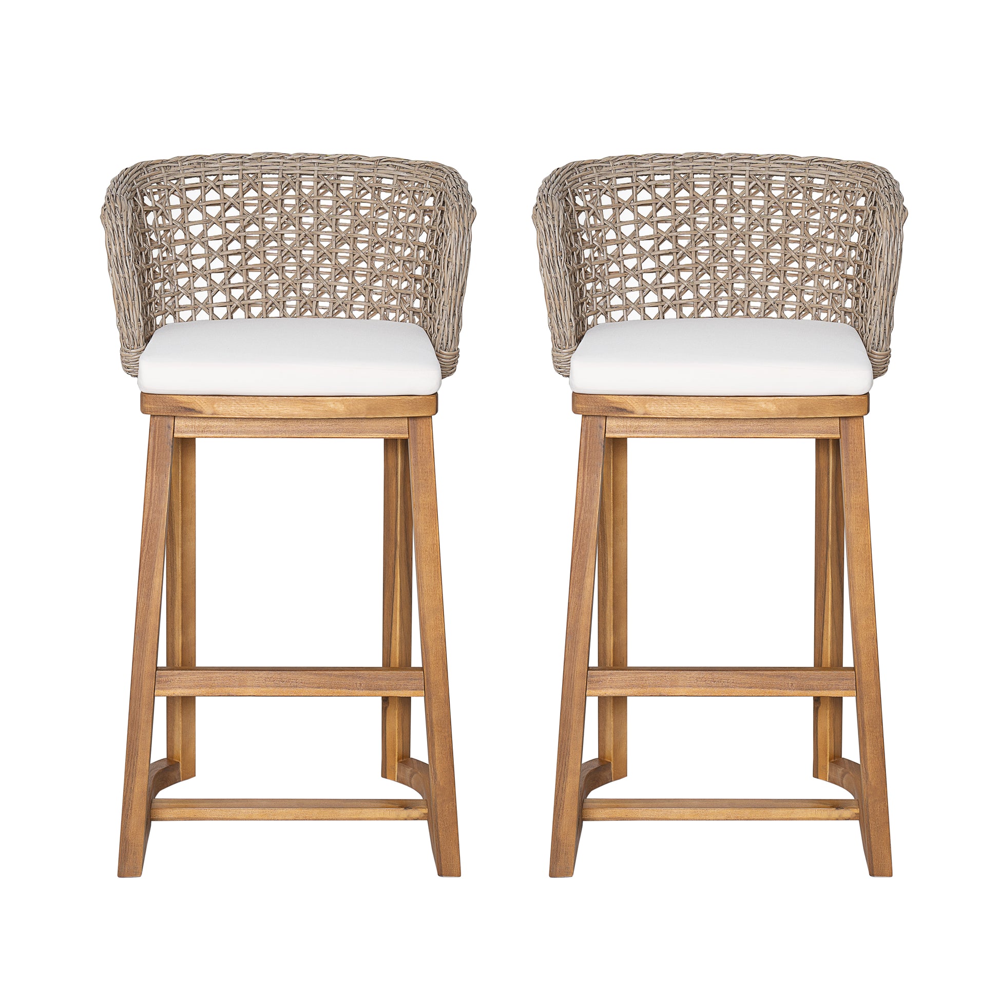 Outdoor Acacia Wood Bar Stools (Set of 2), Teak Finish Bar Height Chairs with Beige Cushion & Light Brown Wicker Back, Counter Height Stools for Patio, Poolside, Kitchen Island image 5