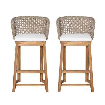 Outdoor Acacia Wood Bar Stools (Set of 2), Teak Finish Bar Height Chairs with Beige Cushion & Light Brown Wicker Back, Counter Height Stools for Patio, Poolside, Kitchen Island image 5