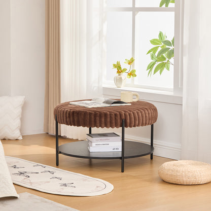 30.9"Wide Upholstered Round Ottoman Coffee Table Foot Rest with Black Metal Legs, Footstool with Wooden Open Storage Shelf,Faux Fur Footstool for Living Room Bedroom Entryway Hotel. Brown image 3