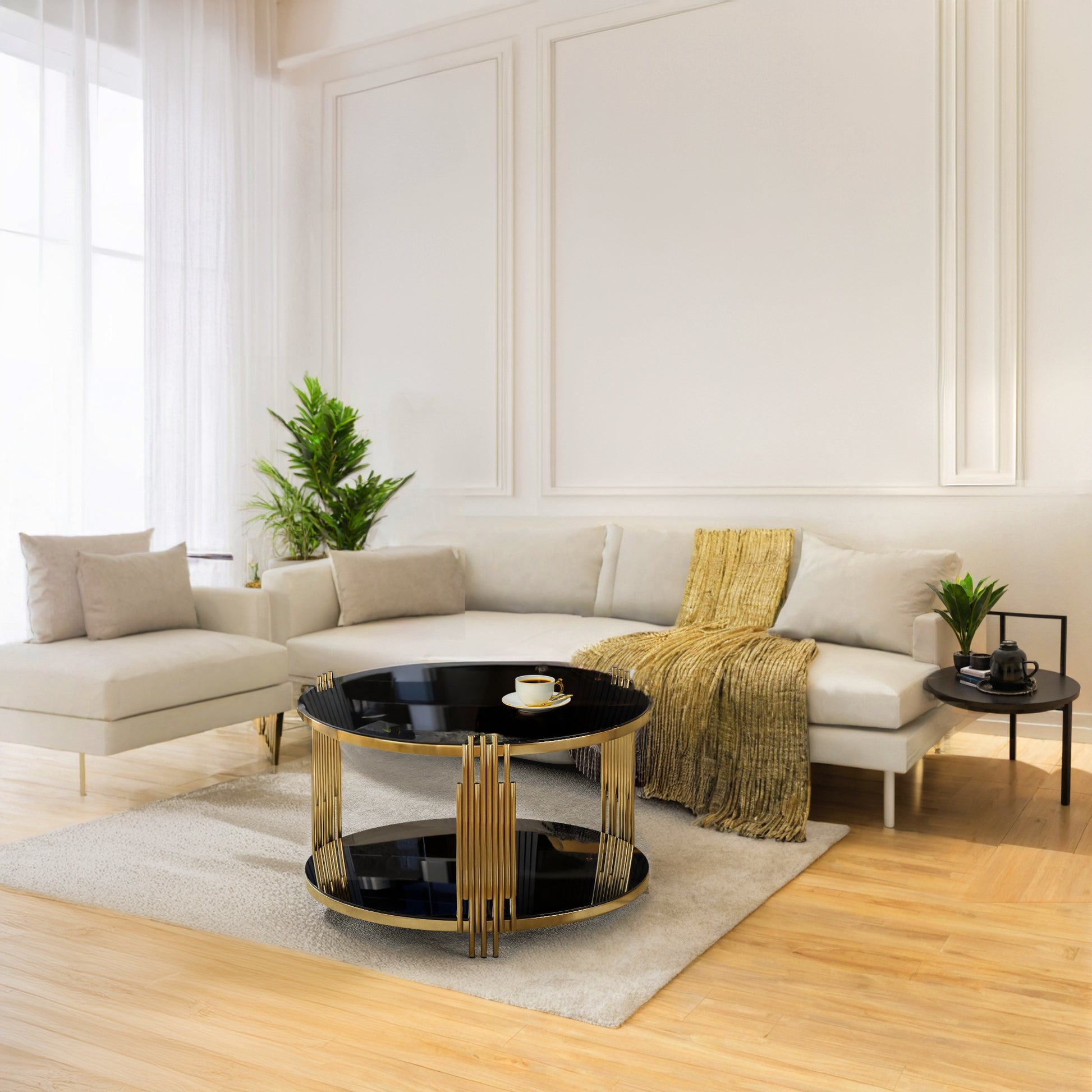 Modern Black Mirror Coffee Table, Asymmetrical Metal, Circular Metal Drum Base, Gold Finish & Lower Shelf image 11