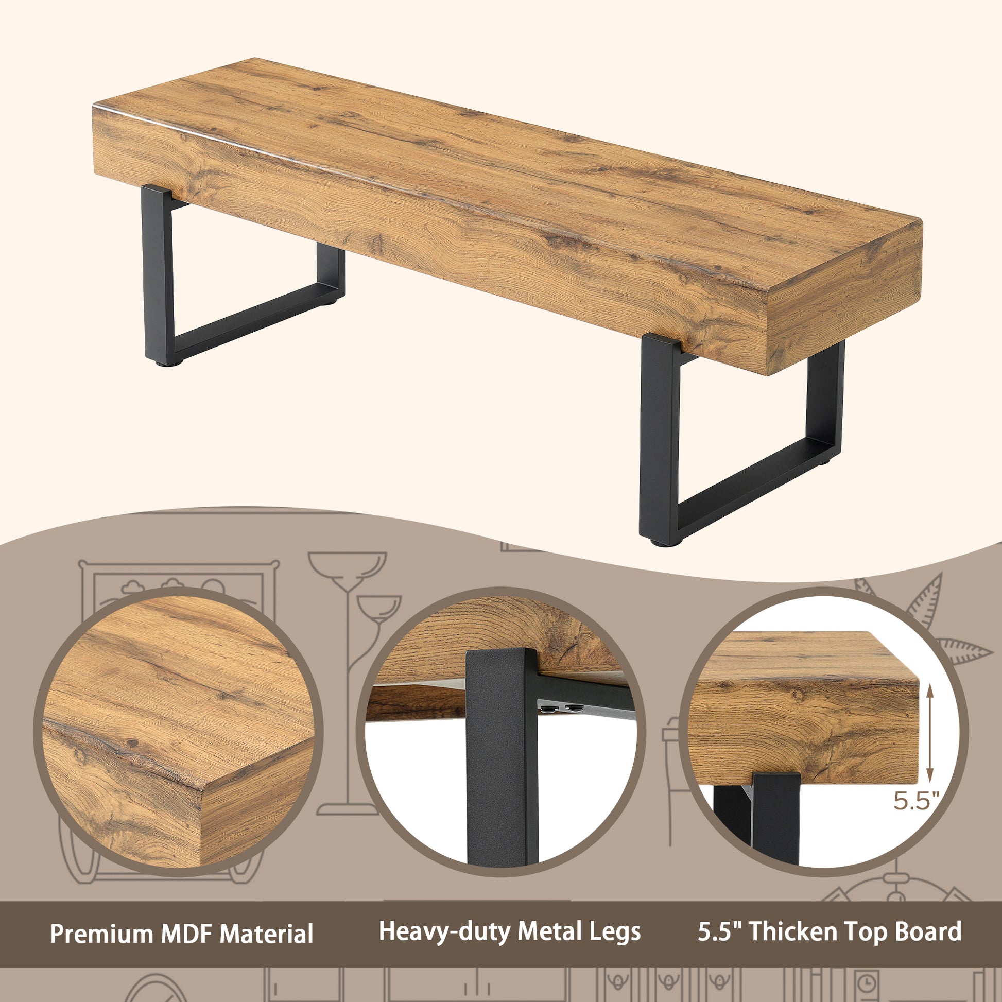 59" Wood Bench for Bedroom End of Bed, Farmhouse Indoor Kitchen Table Benches,Versatile Modern Shoe Bench for Entryway, Natural image 3