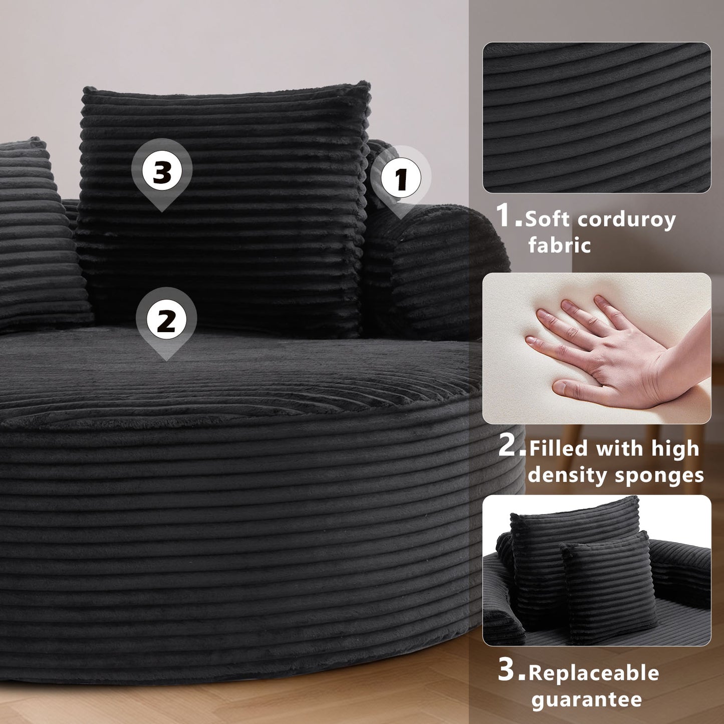 Round Sofa Bed with Memory Foam Sectional Couches for Living Room, Cloud Couch with three pillows, Black image 7