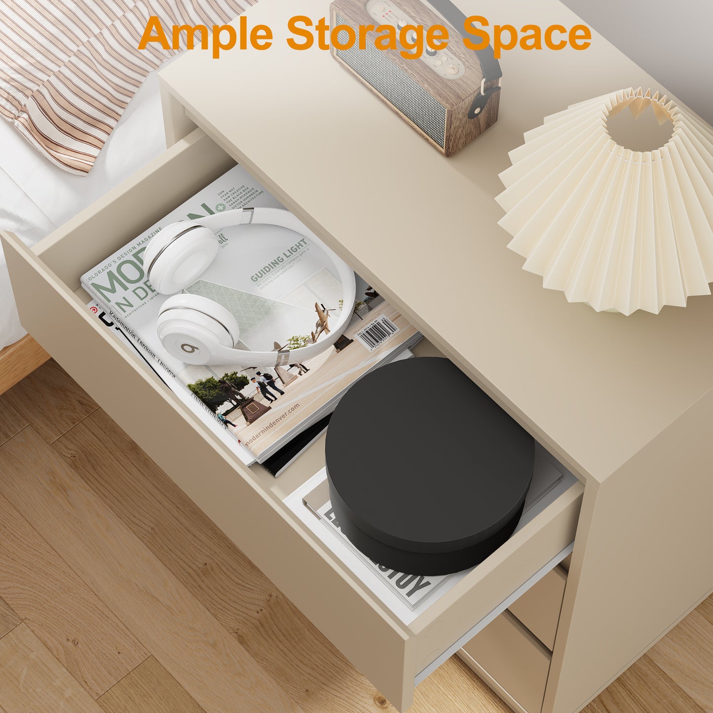 Large 3 Drawer Dresser Set of 2, Modern Nightstand for Bedroom, Wide Bedside Table with Hidden Pull-out System, Wooden Chest of Drawers for Living Room, Entryway, Beige image 3