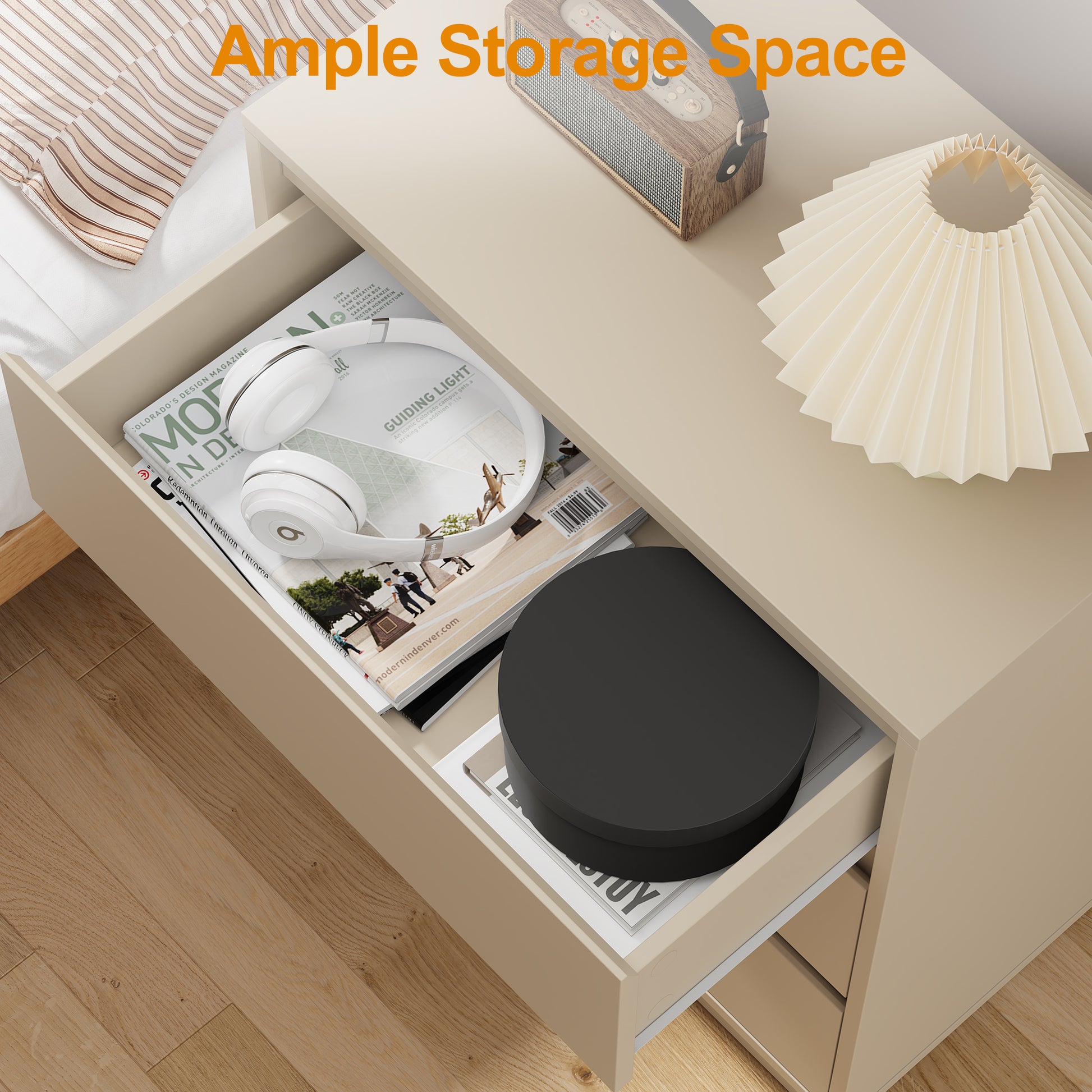 Large 3 Drawer Dresser Set of 2, Modern Nightstand for Bedroom, Wide Bedside Table with Hidden Pull-out System, Wooden Chest of Drawers for Living Room, Entryway, Beige image 3