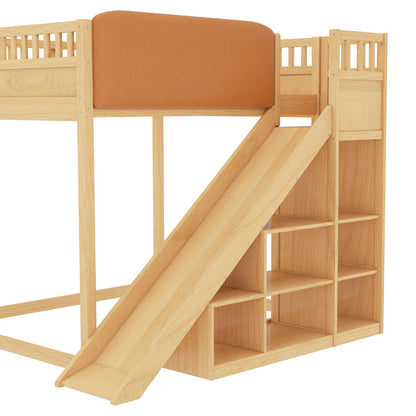 Full Size Loft Bed with upholstered headboard and storage shelves, complete with ladder and slide, Natural image 11