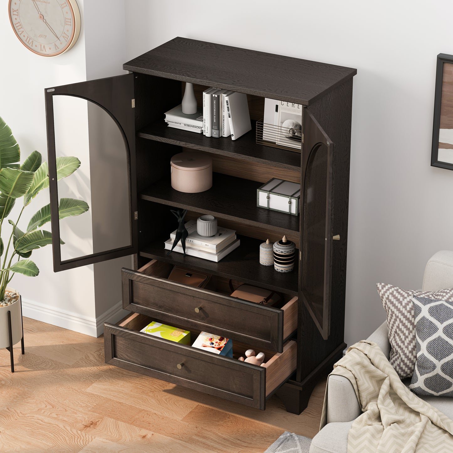 52.17"H Glass Door Display Case Storage Cabinet with 2 Drawers and Adjustable Shelf, Spacious Storage Solutions, Curio Cabinet for Living Room, Bedroom, Kitchen and Office, Brown image 4