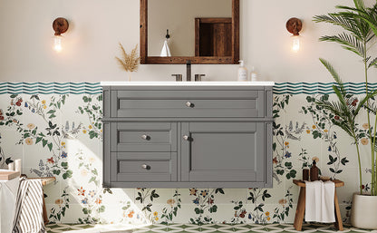 36'' Wall Mounted Bathroom Vanity, Floating Bathroom Storage Cabinet with 2 Drawers, 1 Tip-out Drawer, 3 Holes Single Ceramic Sink, Modern Cabinet. image 10