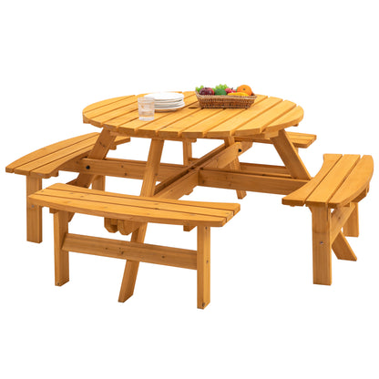 8 Person Wooden Picnic Table, Outdoor Camping Dining Table with Seat, Garden, DIY w/ 4 Built-in Benches, 2220lb Capacity - Natural image 7