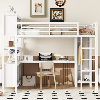 Metal Loft Bed with Wardrobe And L-shaped Desk, Full Size Loft Bed with Storage Cubes and Shelves, Heavy Duty Loft Bed for Kids Teens Adults, White image 2
