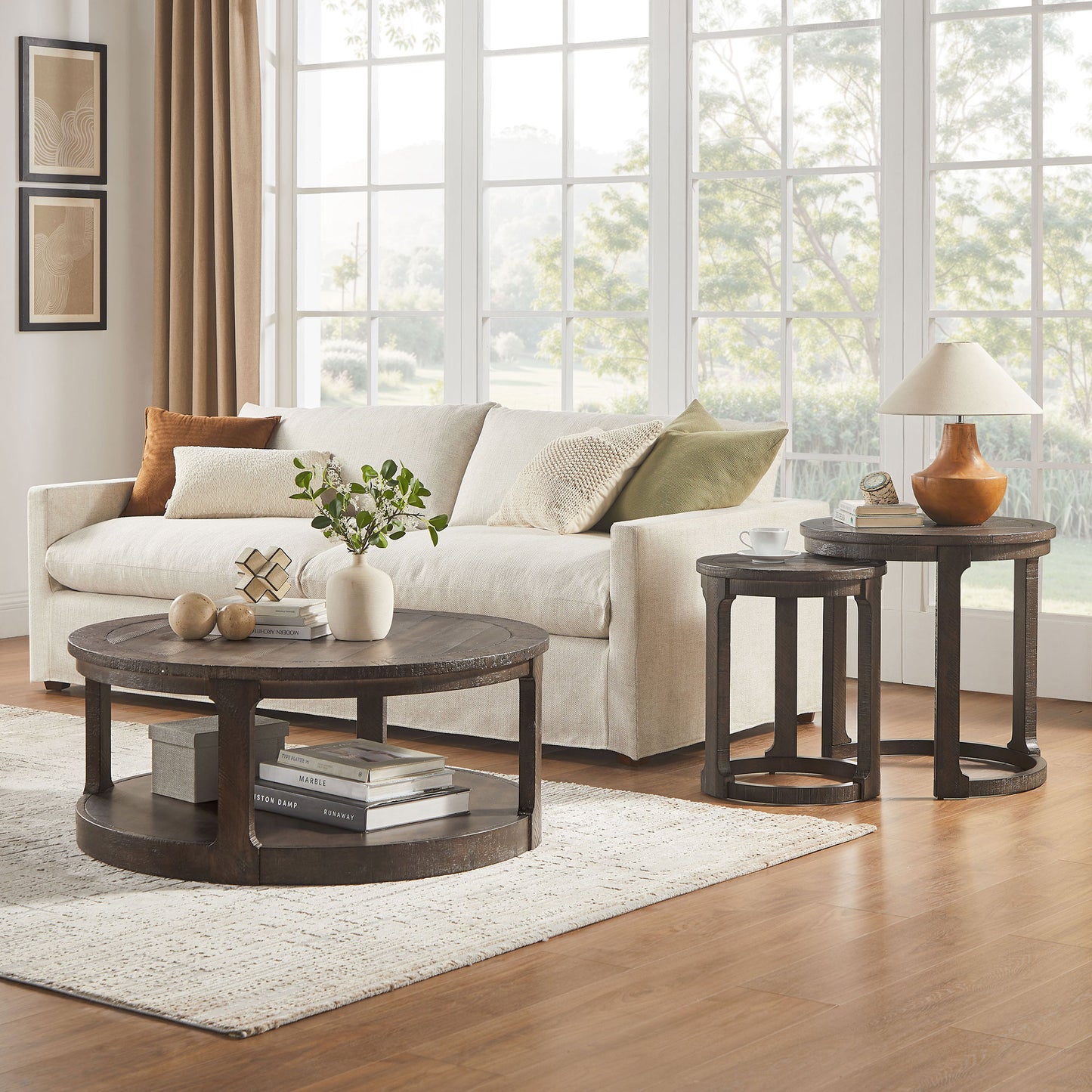 24 inch 2PCS Curved Traditional Round Circle Wooden Coffee Table Set,Mid Century Rustic Style Side Table,End Table for living Room,Office,Apartmen,Drak Brown image 8