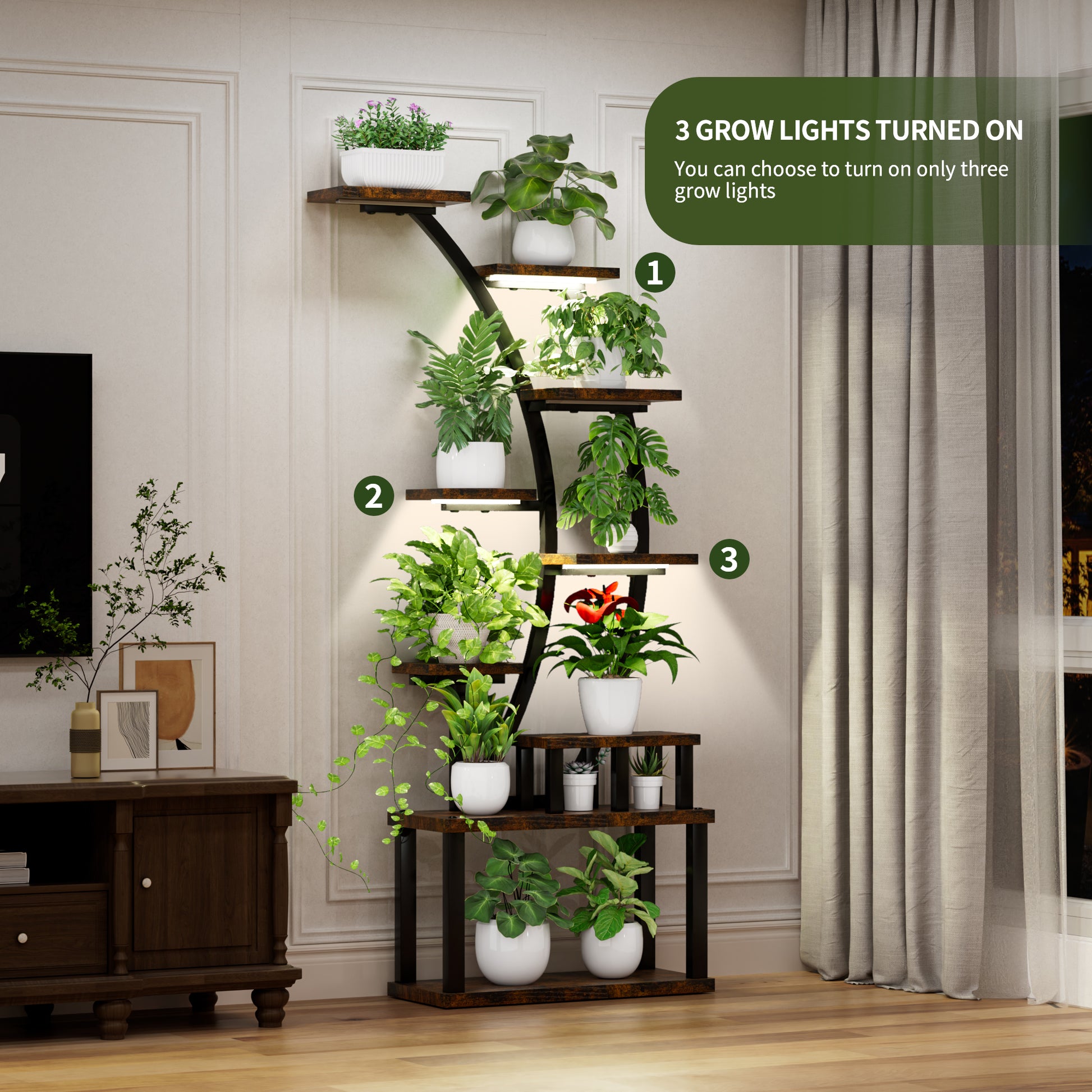 Plant Stand indoor 9-Tiered, 63.6" Tall Plant Stand with 5 Grow Lights, Adjustable Lighting Modes (5/3/2 Lights), 10-Level Dimming & 3 Timer Settings, Energy-Efficient, Perfect for Plant Growth image 3