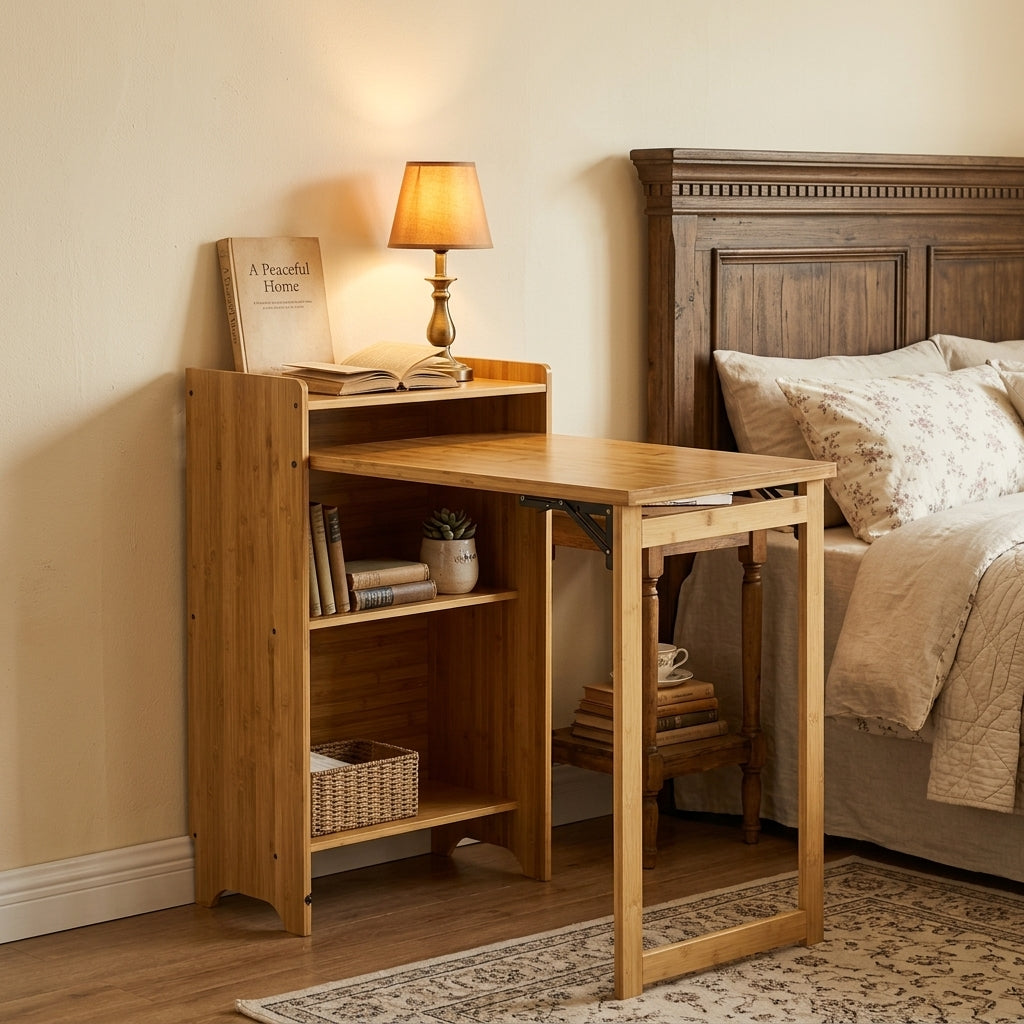 Bamboo Folding Desk, Foldable Desk for Small Space, Computer Desk with Hidden Storage, Mid Century Foldable Table for Home Office and Bedroom (NATURAL WOOD) image 6