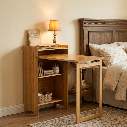 Bamboo Folding Desk, Foldable Desk for Small Space, Computer Desk with Hidden Storage, Mid Century Foldable Table for Home Office and Bedroom (NATURAL WOOD) image 6