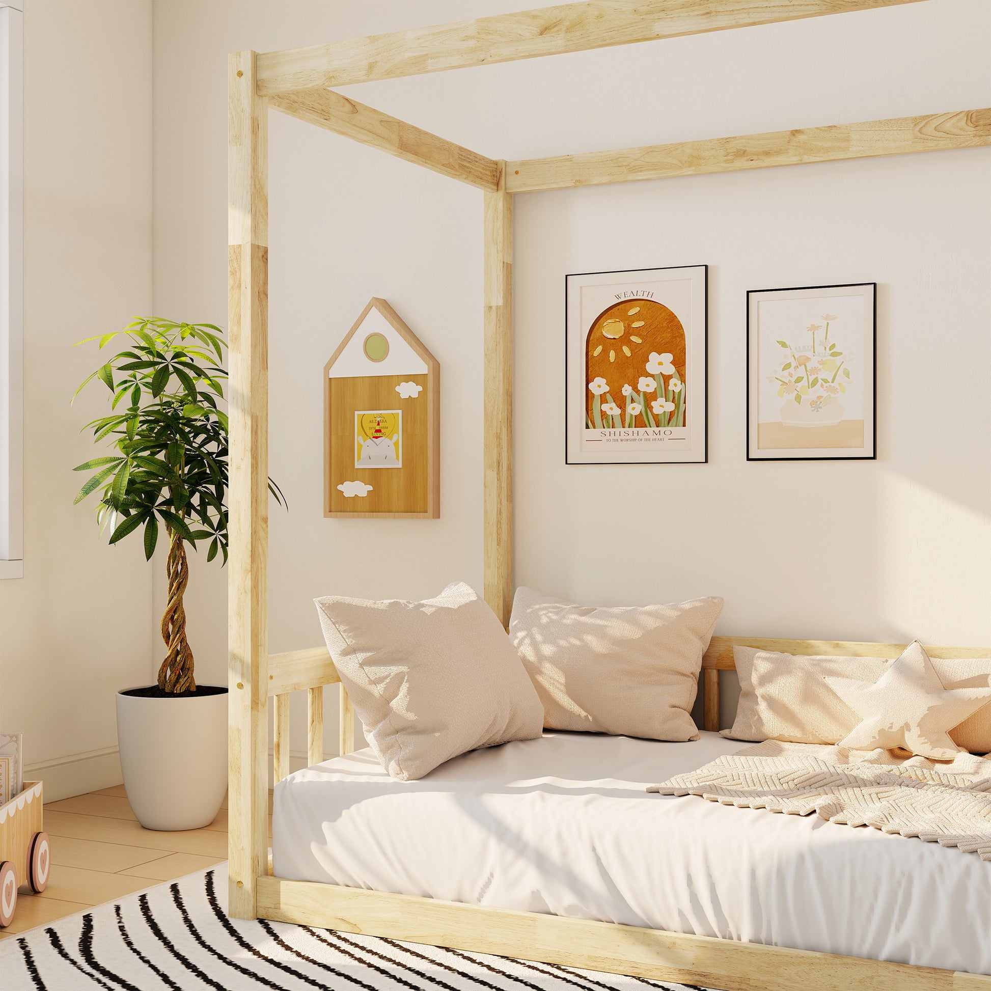 Twin Size Canopy Frame Floor Bed with Fence,Guardrails,Natural (Old Sku:W504P143279) image 12