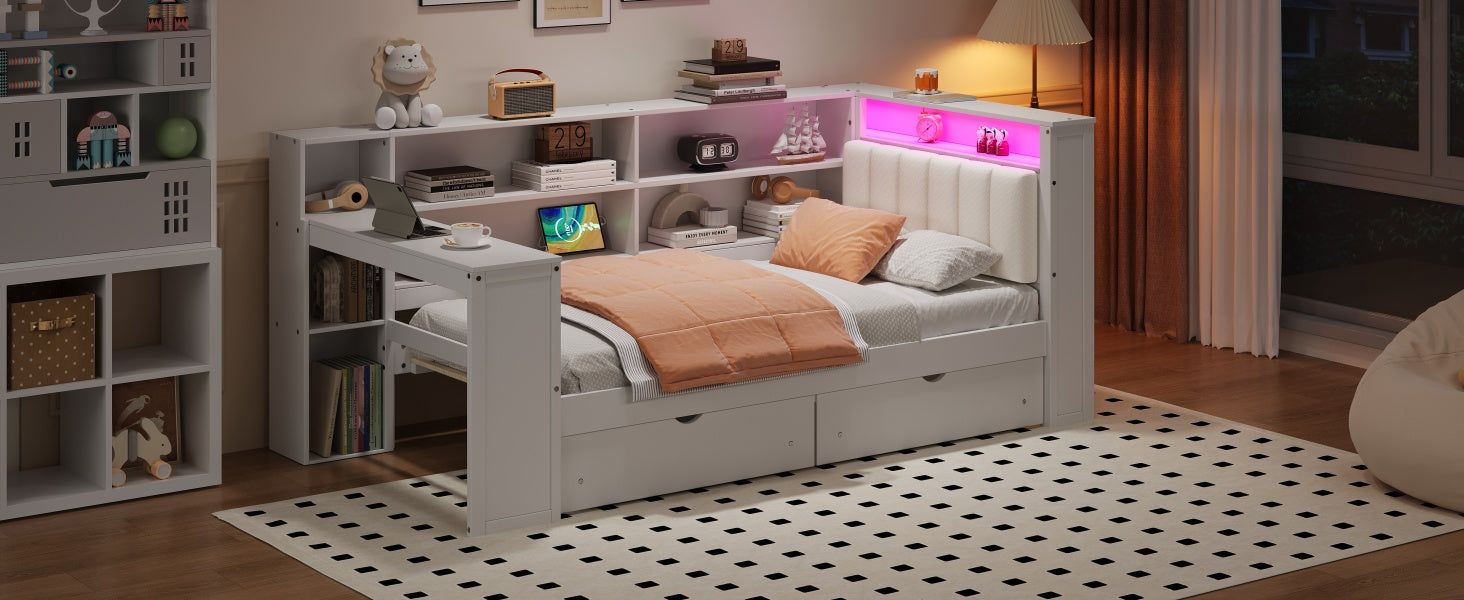 Wood Twin Size Platform Bed with Storage Shelves, Drawers, Charging Station, LED, Desk and Upholstered Headboard, White+Beige Cushion image 7