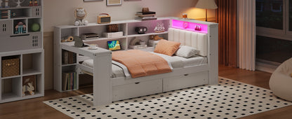 Wood Twin Size Platform Bed with Storage Shelves, Drawers, Charging Station, LED, Desk and Upholstered Headboard, White+Beige Cushion image 7