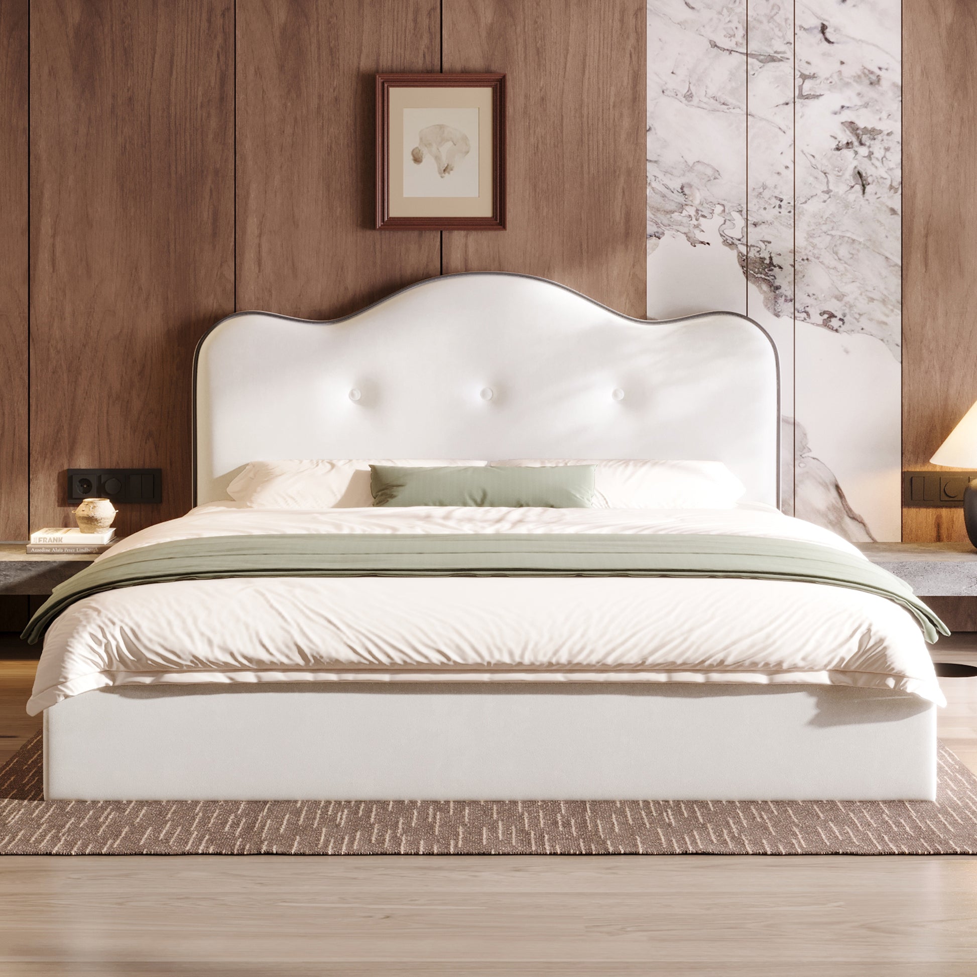 Queen Size Upholstered Platform Bed, Beige image 6