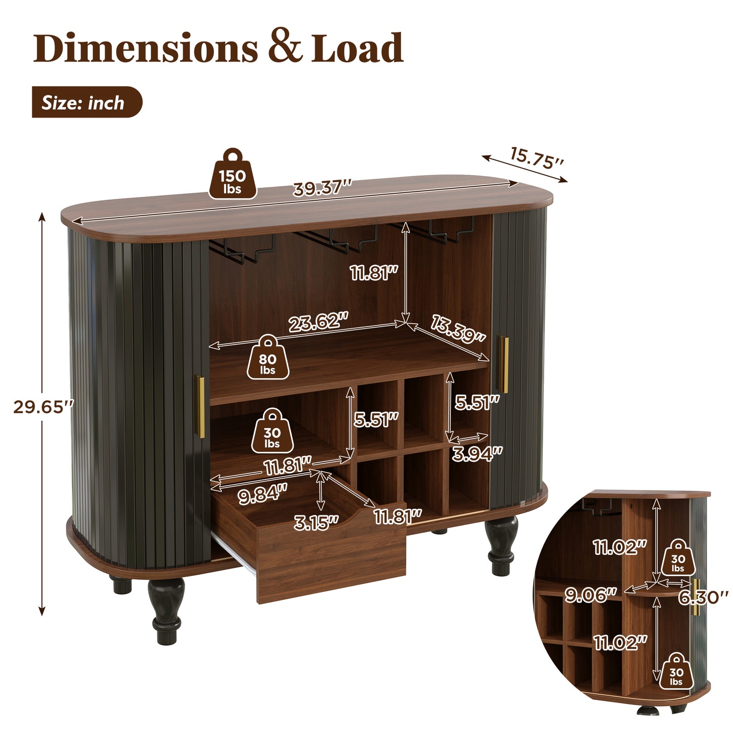 39" Fluted Liquor & Coffee Bar Cabinet with 6 Wine Racks and 3 Glass Holders, Mid-Century Modern Bar Cabinet with A Large Storage Drawer,4 Hidden Storage Space on the Side, Black image 2
