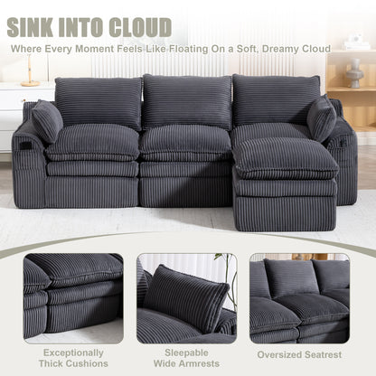 L Shaped Compressed Modular Sectional Sofa Modern Corduroy Upholstered Boneless Couches with Movable Footstool,With Three Pillows and Two Lumbar Pillows,Detachable Cloud Seat Cushions image 6