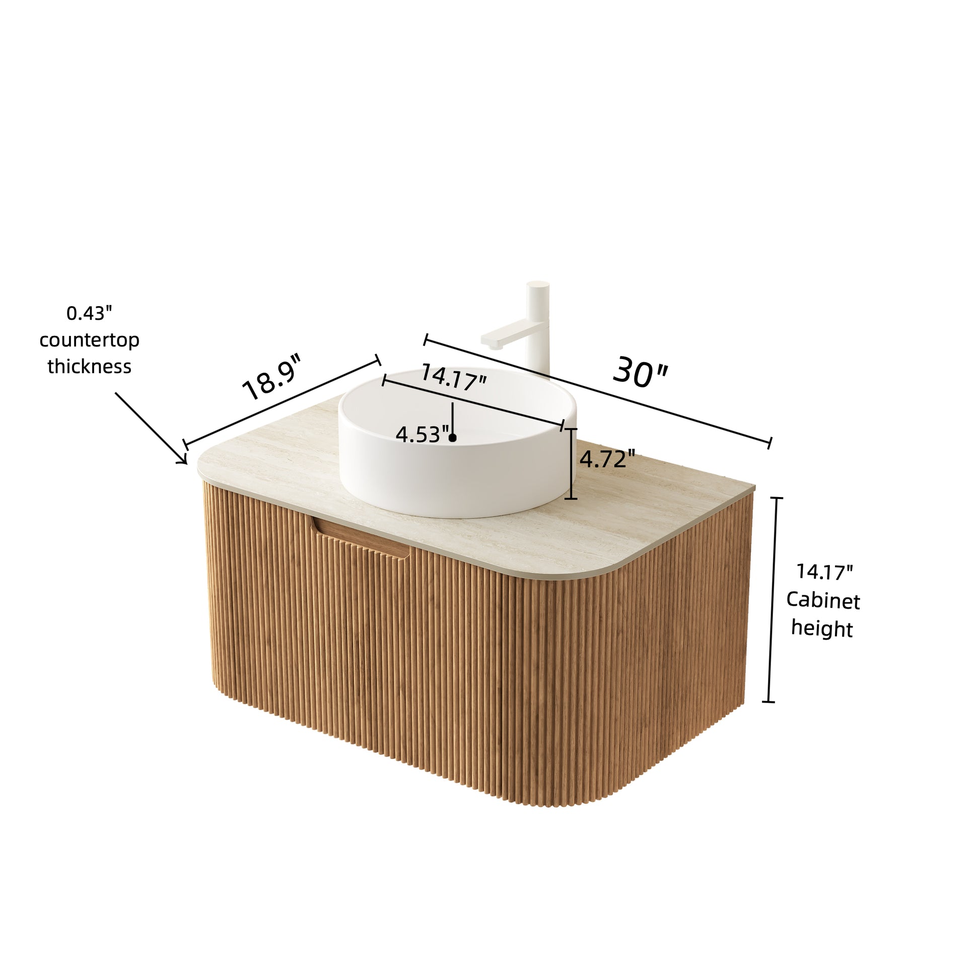 DINA 30" Bathroom Vanity&Sink, Floating Curved Edge Striped Plywood Storage Cabinet with Drawer, White Round Ceramic Basin&Travertine-Pattern Sintered Stone Top, Pre-assembled, Natural Woodgrain Color image 5