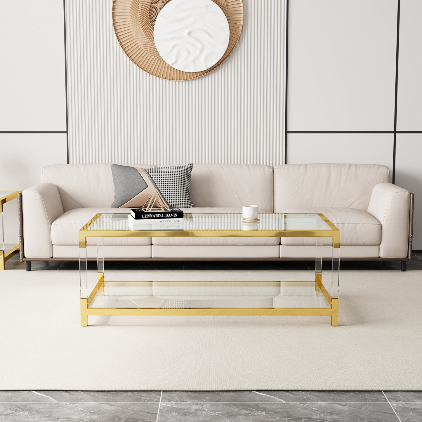 Modern Acrylic Leg Coffee Table, Double Layer Tempered Glass Top with Golden Metal Frame, 47.2x23.6x17.7 Inch Living Room Furniture image 1